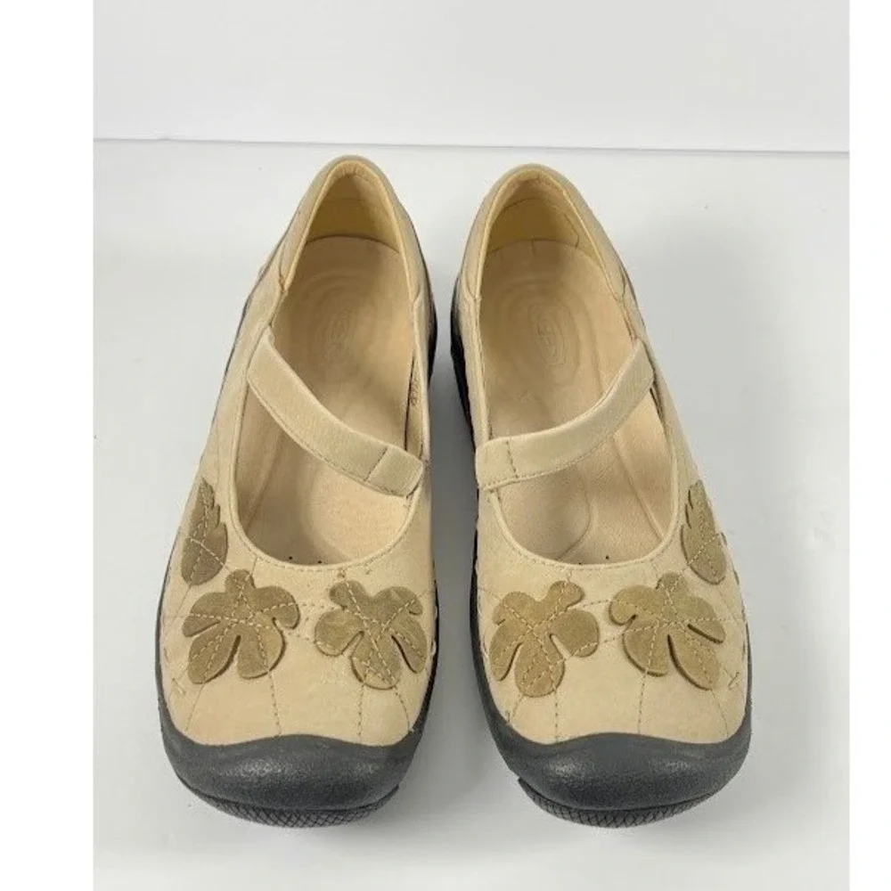 Keen Mary Jane Shoes Beige Leather Floral Leaf Applique Comfort Flats Womens 8.5